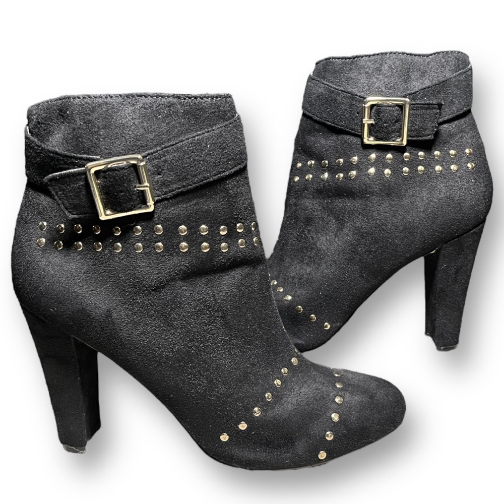 BEBE Black Suede Gold Studded High Heel Ankle Boots Booties 9
